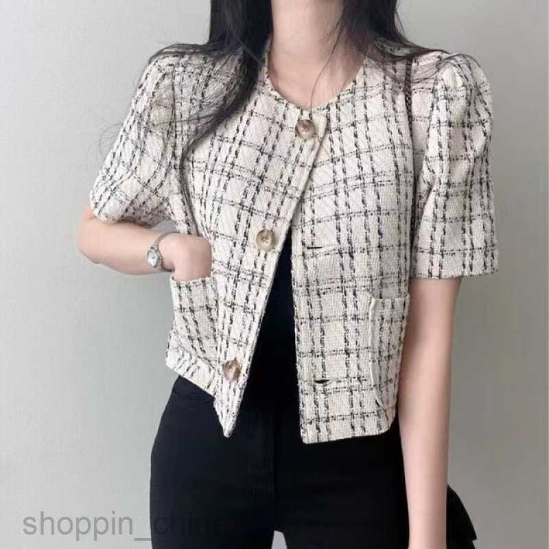 Women Jackets Coats chic small fragrant style round neck single breasted double pocket thick plaid pattern short bubble short sleeved jacket for women