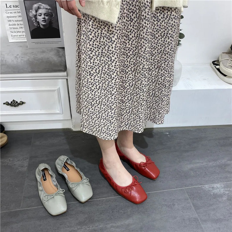 Bow-Knot grandma shoes women ballerina shallow loafers elastic pleated ballet flats woman square toe soft botton moccasins femme 240627