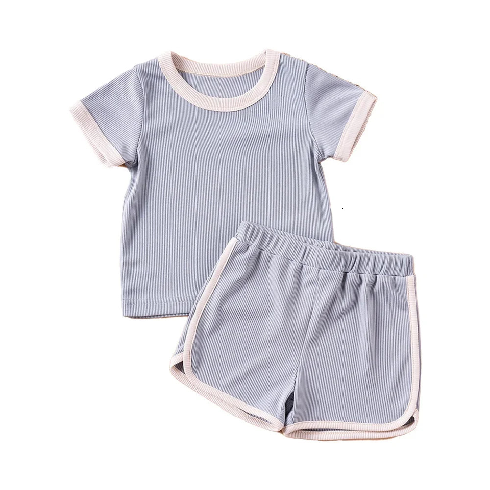 Boys Girls Ribbed Summer Outfit Set Toddler Short Sleeve TShirt Shorts Children 2Pcs Clothes Set Korean 16Y 240618