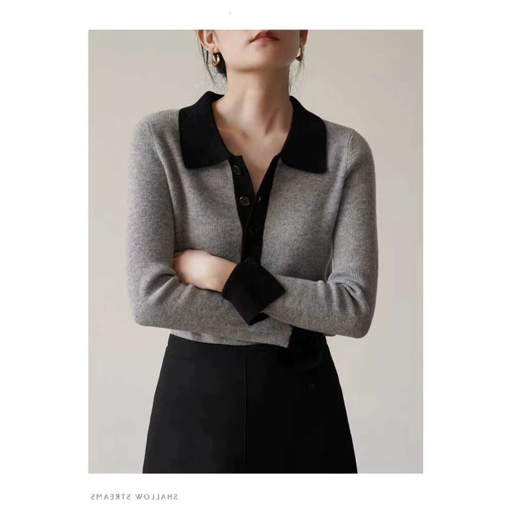 Temperament slim cashmere women's POLO collar top fall new gray lapel knit bottom color sweaterF6.28#42.8