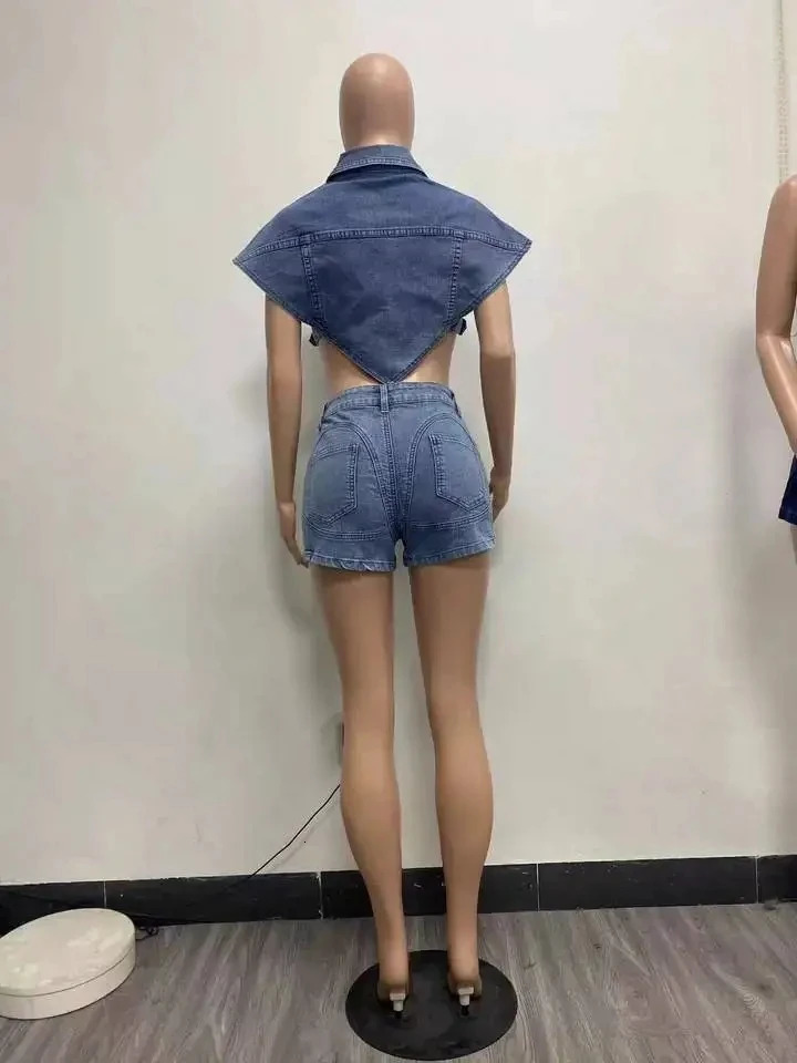 High Street Jeans Short Pants Outfit Set Sexy Women Elegant Two Pieces Denim Club Matching TopShorts 240627