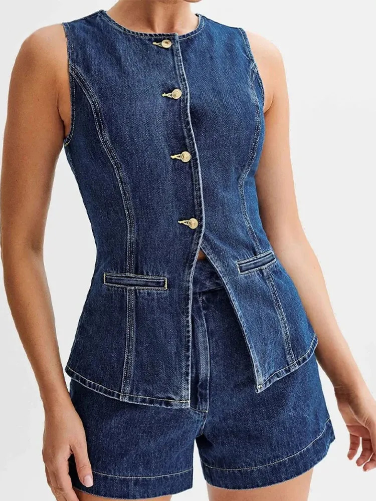 Fashion Denim Shorts Outfits Women Elegant O Neck Sleeveless Singlebreasted Split Top Highwaisted Short Set Lady Street Suit 240618