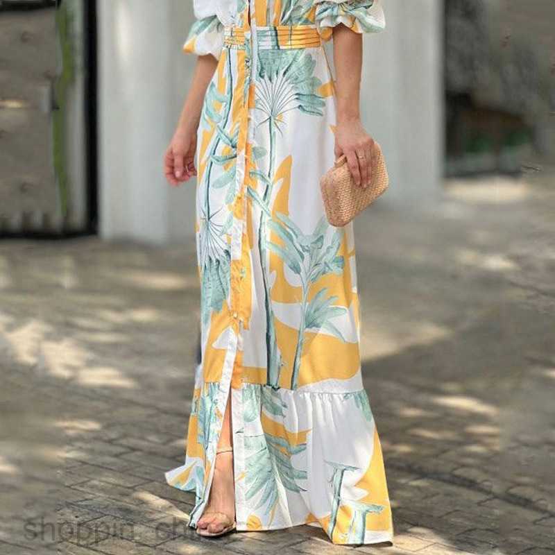 Basic Casual Women Dresses Women's Fashion V-neck Bubble Sleeves Wrapped Waist Printed Long Dress