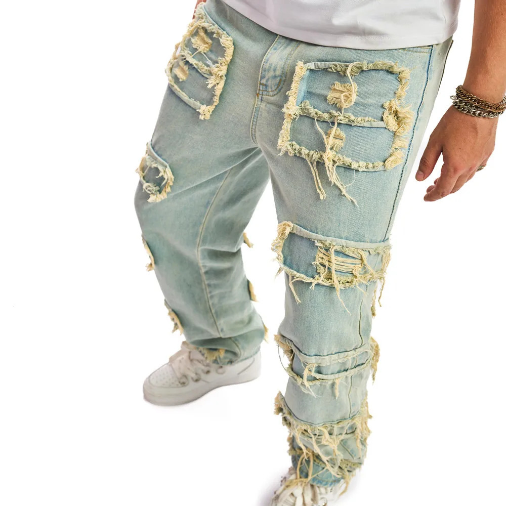 Retro Style Men Ripped Patch Splicing Motorcycle Loose Jeans Pants Male Solid Stylish Casual Straight Biker Denim Trousers 240619