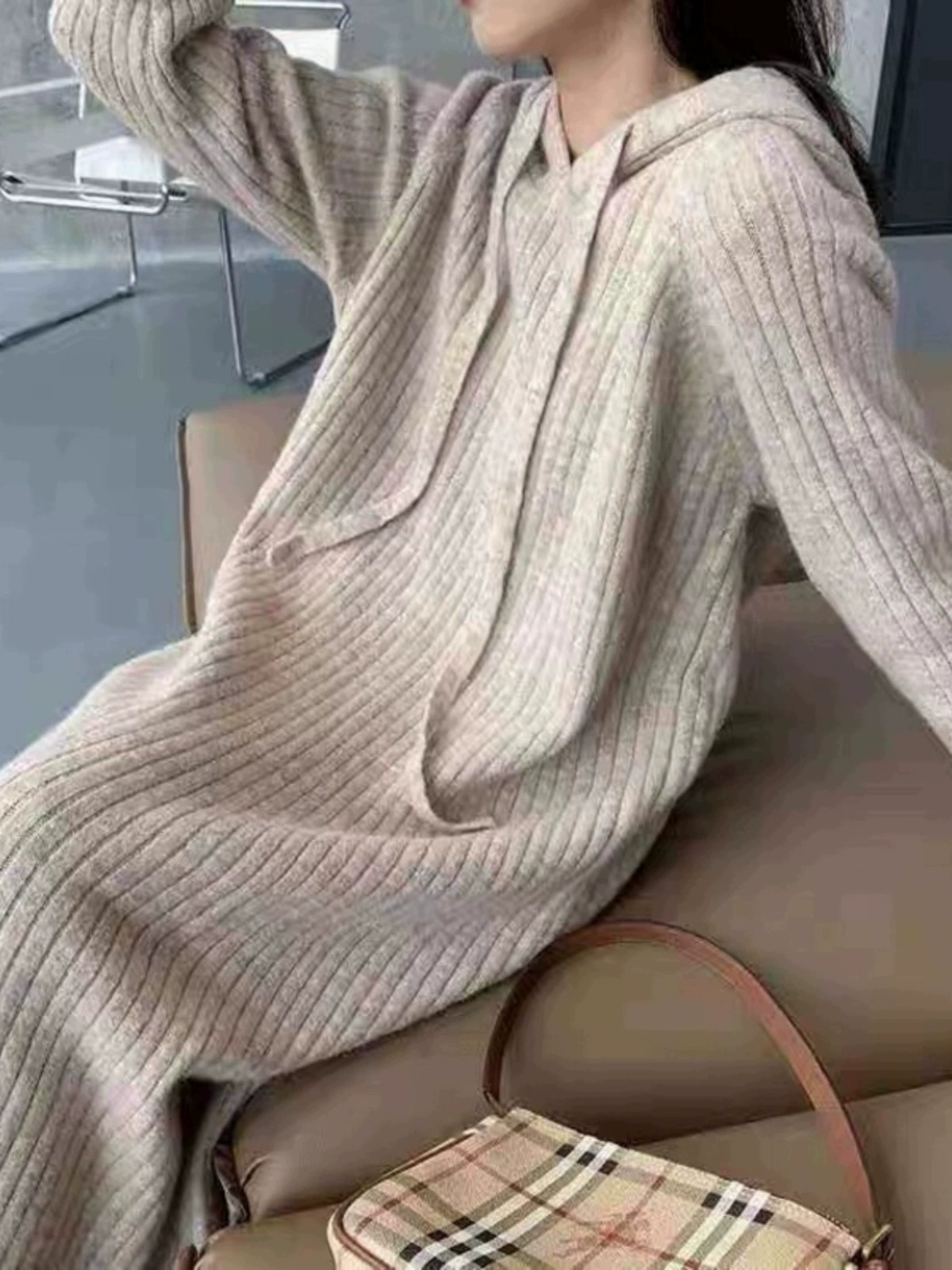 Hooded cashmere women's mid-length loose temperament knit sweater dress straight wool hoodie base shirtF6.28#65