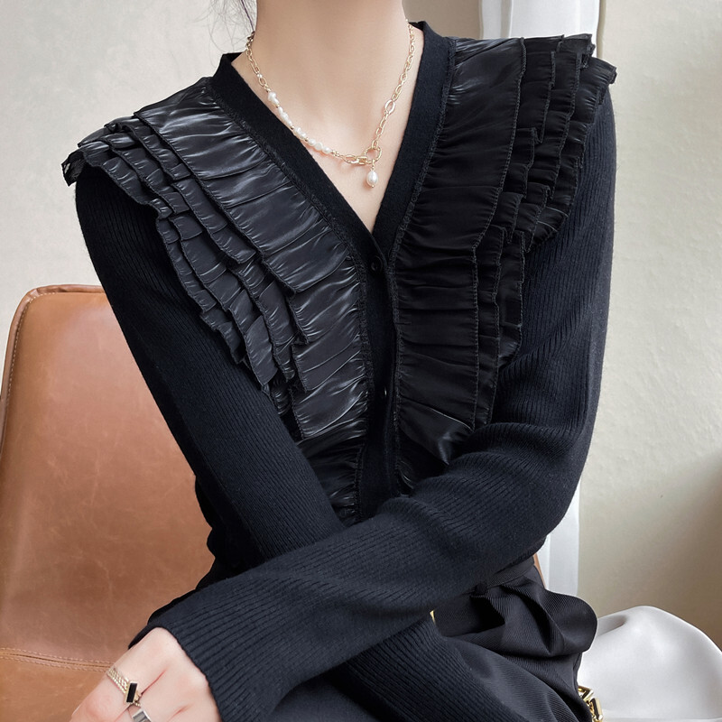 100 pure woolen women's loose V-neck base top black style small blouse organza peplum cashmere sweaterF6.28#64