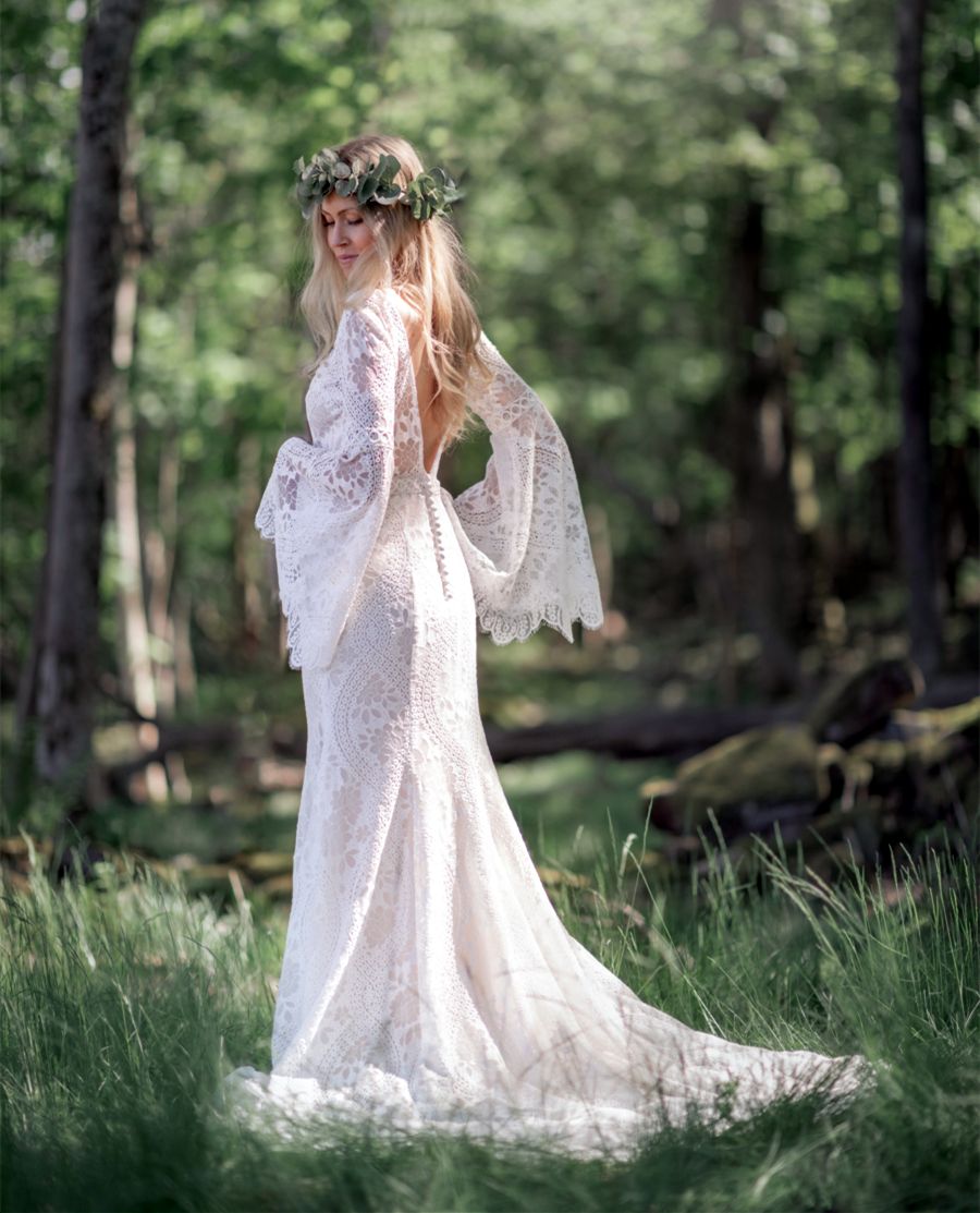 Western Mermaid Lace Counrty Wedding Dresses Backless Bohemia Wedding Gowns Bell Long Sleeves Rustic Bridal Dress 2024