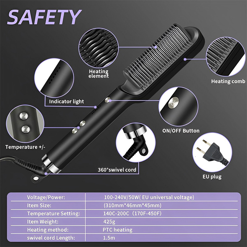 Straightener Brush Negative Ion Curler with 5Temp Straight Hair Comb Anti-Scald Fast Heating Curling Iron Stying Tool F628-25