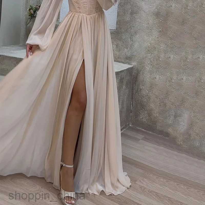Basic Casual Women Dresses Women's new summer casual bubble long sleeved collar slit dress