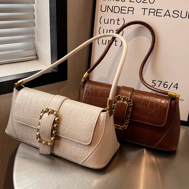 French Underarm Bag for Women Stone Pattern PU Leather Shoulder Bags Fashion Chic Lock Handbags 2023 New H6.28#33