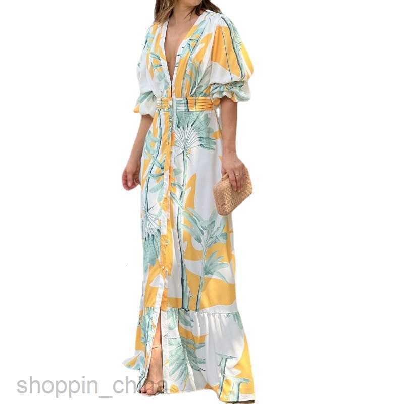 Basic Casual Women Dresses Women's Fashion V-neck Bubble Sleeves Wrapped Waist Printed Long Dress