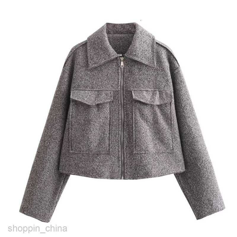 Women Jackets Coats Spring and Autumn New Women's Lapel Large Pocket Zipper Short Long sleeved Woolen Coat B88684