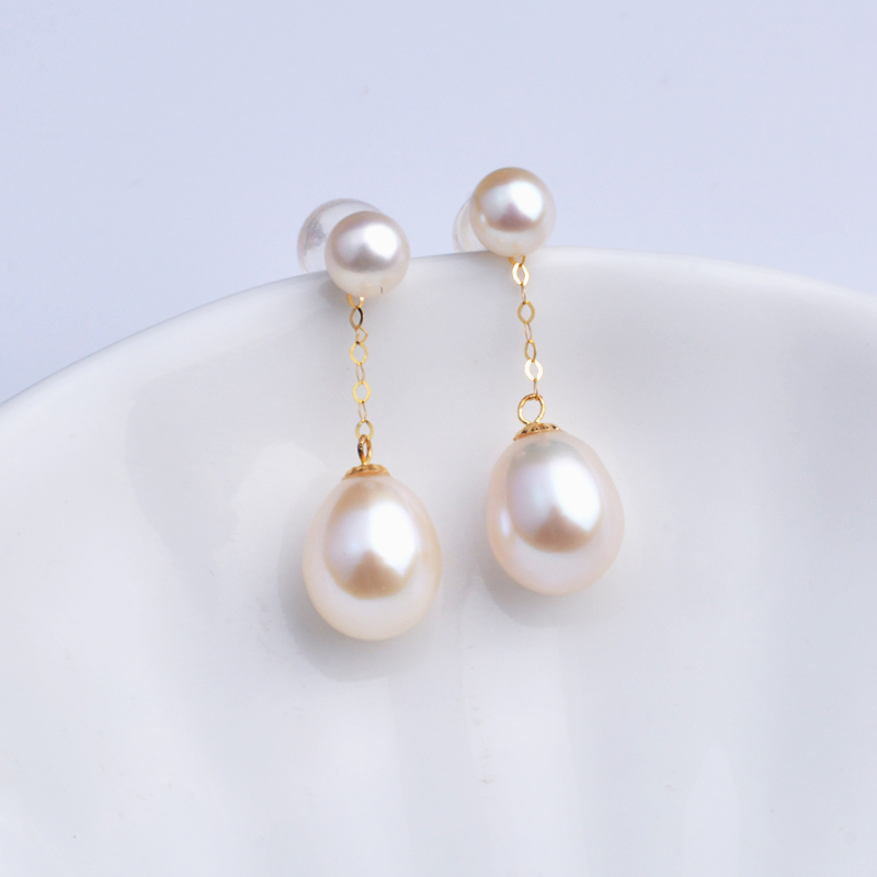 NYMPH Real 18K Gold Earrings Fine Jewelry AU750 Natural Freshwater Pearl Round Party Gift For Women Double Beads E663