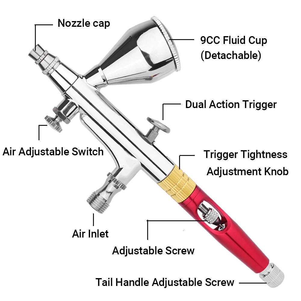 Gravity Dual-action Mini 9cc Airbrush Detachable Fluid Cup Paint Nail Spray Gun Makeup Paint Set Face Tattoo Art DIY Red Gold 240627
