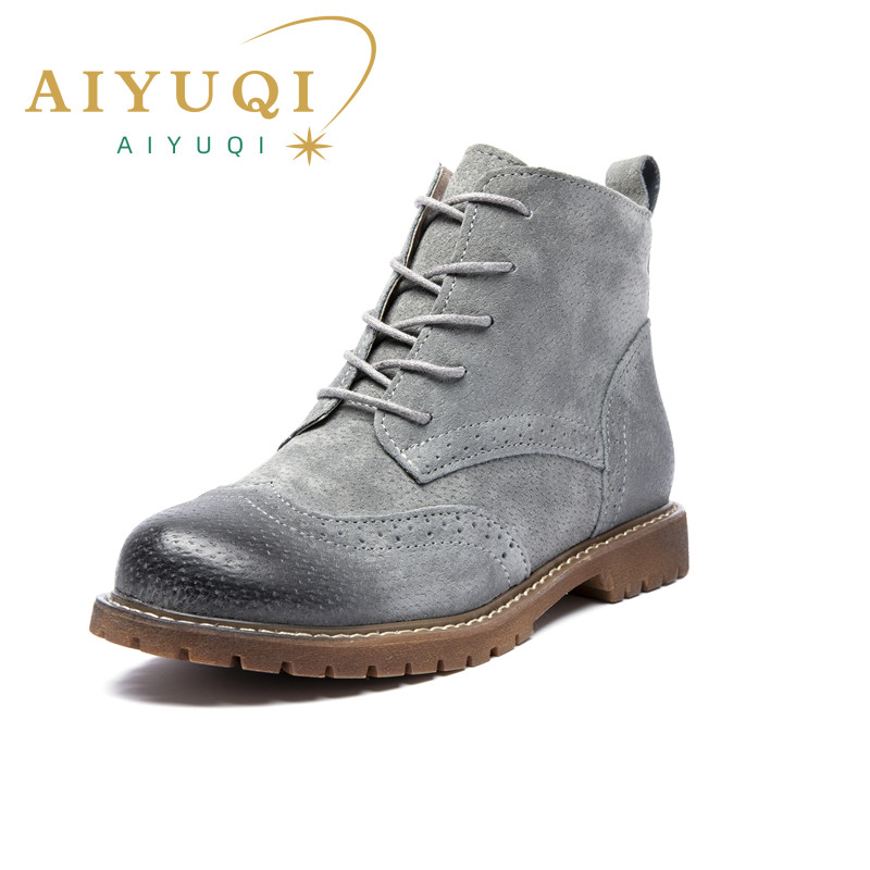 Women Booties Fur 2024 Autumn Genuine Leather Female Short Boots Suede British Lace Retro Trend Women Ankle Boots