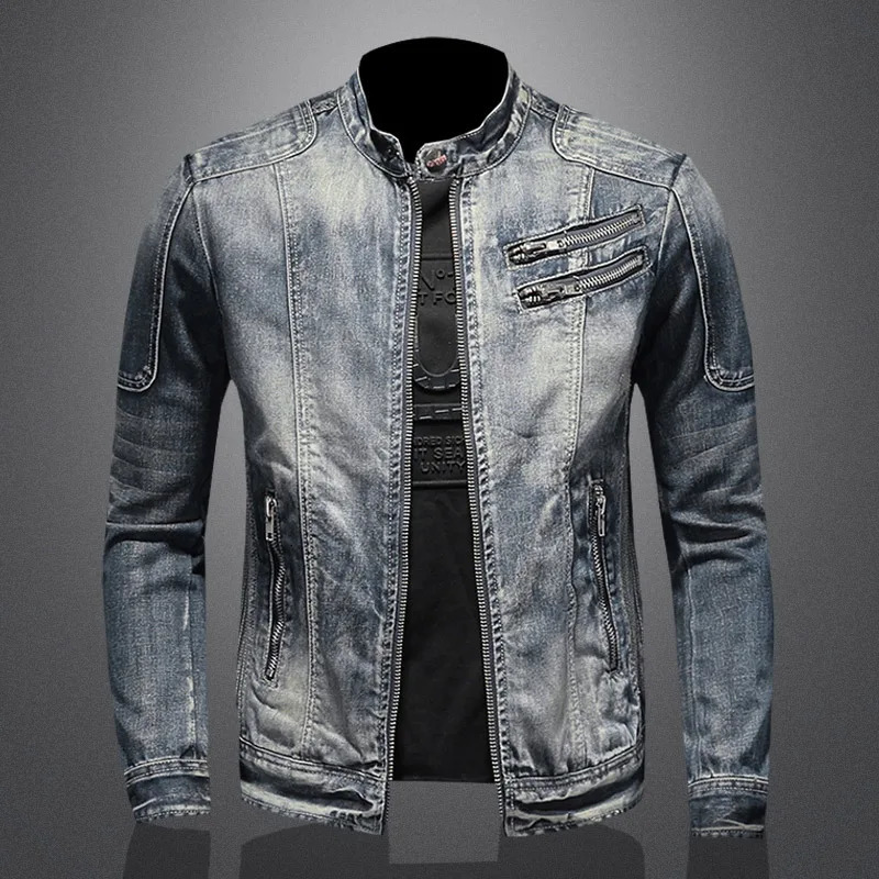 American Jeans Jacket Men Oneck Oversized Vintage Moto Denim Casual Men Outwear Autumn Patchwork Zipper High Street Male Coat 240618