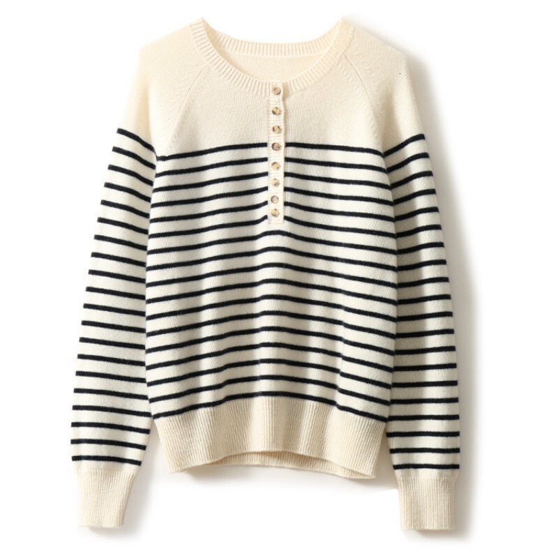 French new half-open round neck striped wool knit women's spring and autumn loose pullover long sleeve cashmere base sweaterF6.28#75