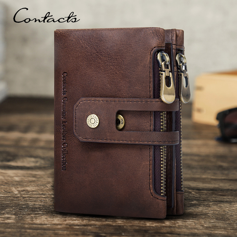 CONTACT'S Genuine Leather Wallets for Men Short Bifold Casual Men's Wallet Zipper Coin Purses Card Holder Money Clip Men Wallet