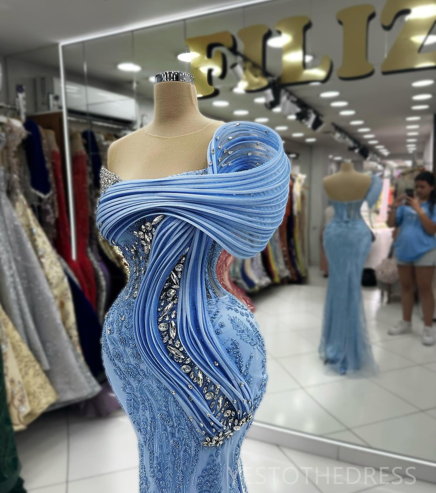 2024 Blue Mermaid Prom Dress Illusion Promdress Evening Formal Gowns for Special Occasion Beaded Rhinestones Lace Birthday Dress Second Reception Gown