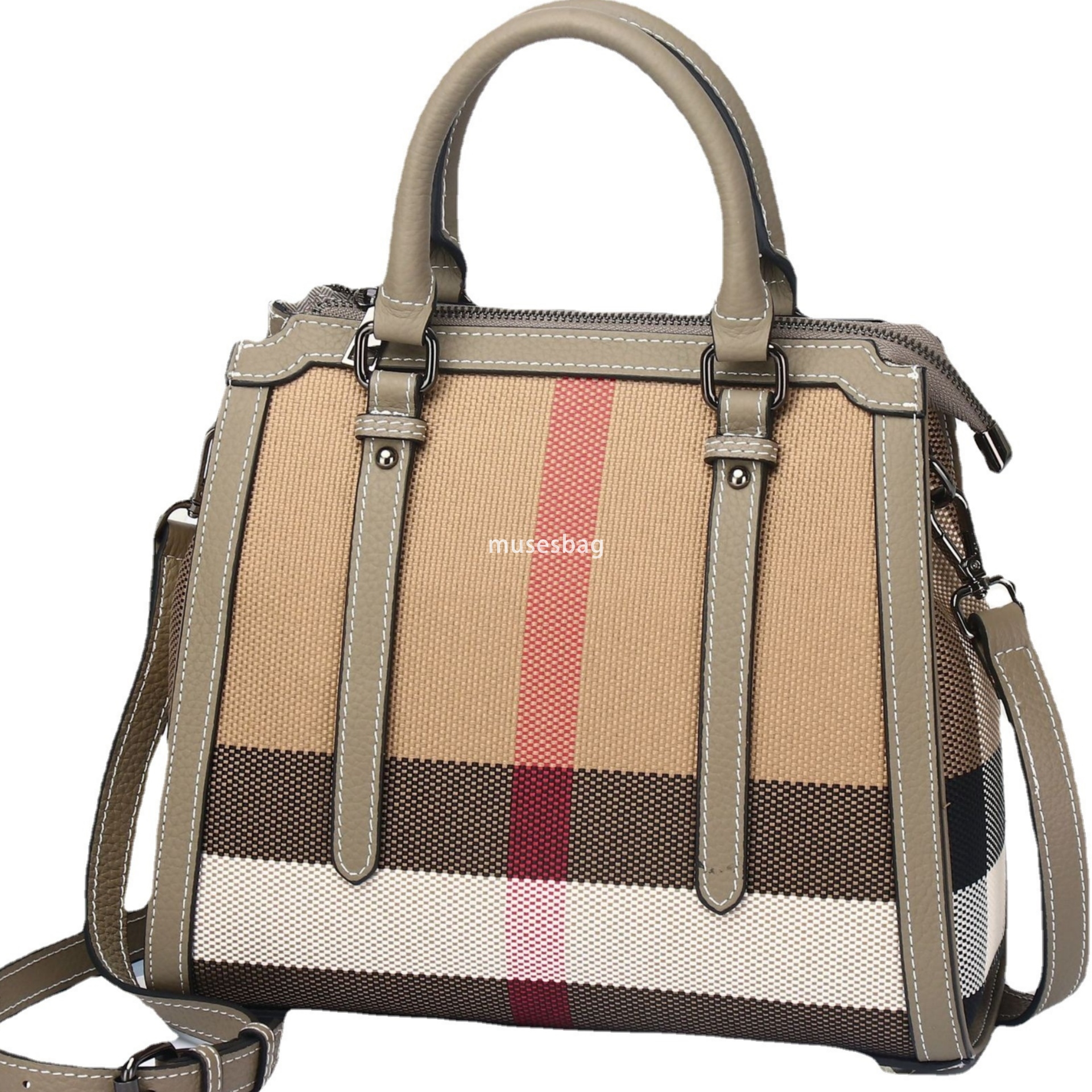 A niche design trend fashionable and casual leather women new high-end plaid canvas tote handbag large capacity crossbody bag 8c6d