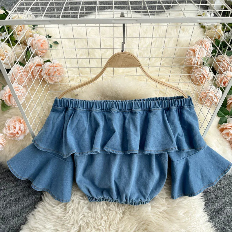 Women Jean Sets Matching Suits Woman Ruffles Buttons Tops Mini Skirt Two Piece Set Slash Neck Flare Sleeve Female Clothing 240627
