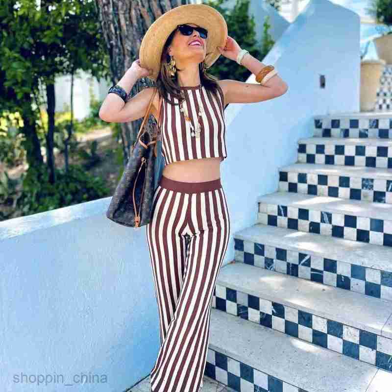 Women's Two Piece Sets Pants Small Fragrance Style Celebrity Knitted Fashion Set Women's Stripe Top Casual Wide Leg Pants Two Piece Set B8