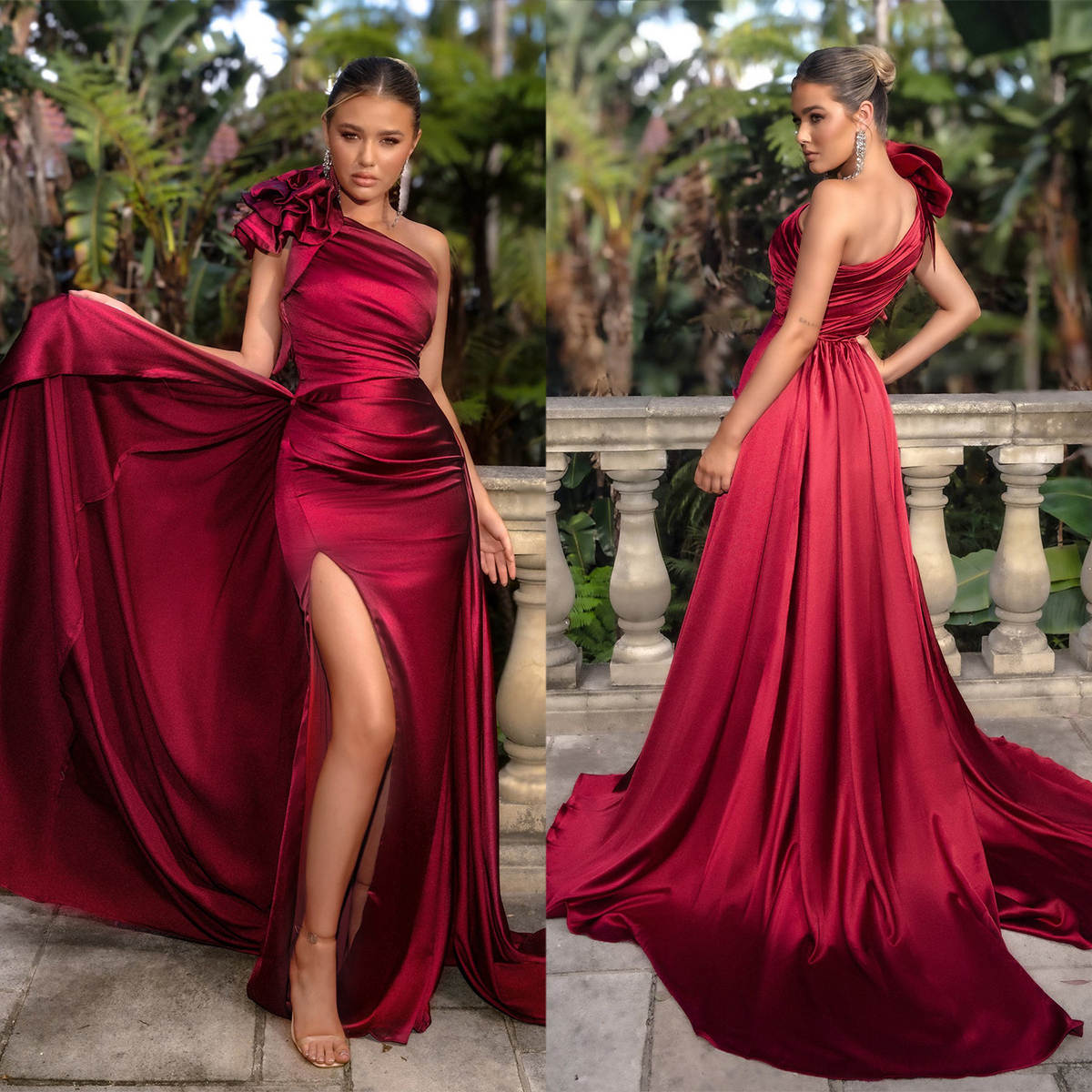 Burgundy Mermaid Evening Dresses Flowers One Shoulder Pleats Prom Gowns High Split Pageant Party Dress