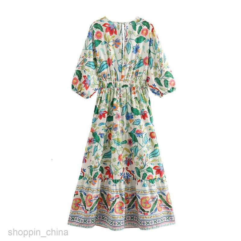 Basic Casual Women Dresses Summer Women's V-neck Chest Tie Lace Print High Waist Dress Women's B69022
