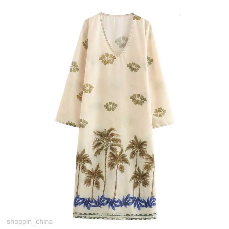 Basic Casual Women Dresses Summer Women's V-neck Fashion Plant Print Long Skirt Long sleeved Temperament Dress B481405