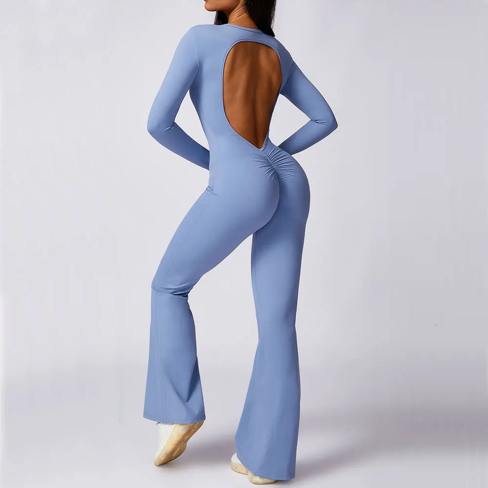 Jumpsuit Long Sleeves Gym Set Womens Yoga Suit Sportswear Women Sports Flared Pants Fitness Rompers Stretch Workout Bodysuits 240627
