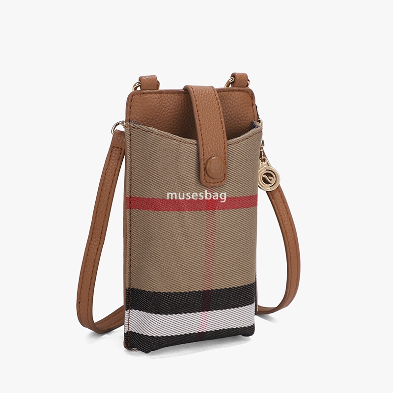 High grade leather mobile phone bag single shoulder crossbody bag new women's bag contrasting checkered canvas fashionable and versatile bag