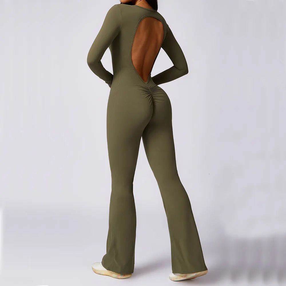 Jumpsuit Long Sleeves Gym Set Womens Yoga Suit Sportswear Women Sports Flared Pants Fitness Rompers Stretch Workout Bodysuits 240627