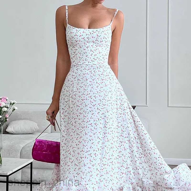 Basic Casual Women Dresses Summer Fashionable New Sling Low Neck Sleeveless Waist Wrap Printed Large Swing Skirt Women's Long Dress