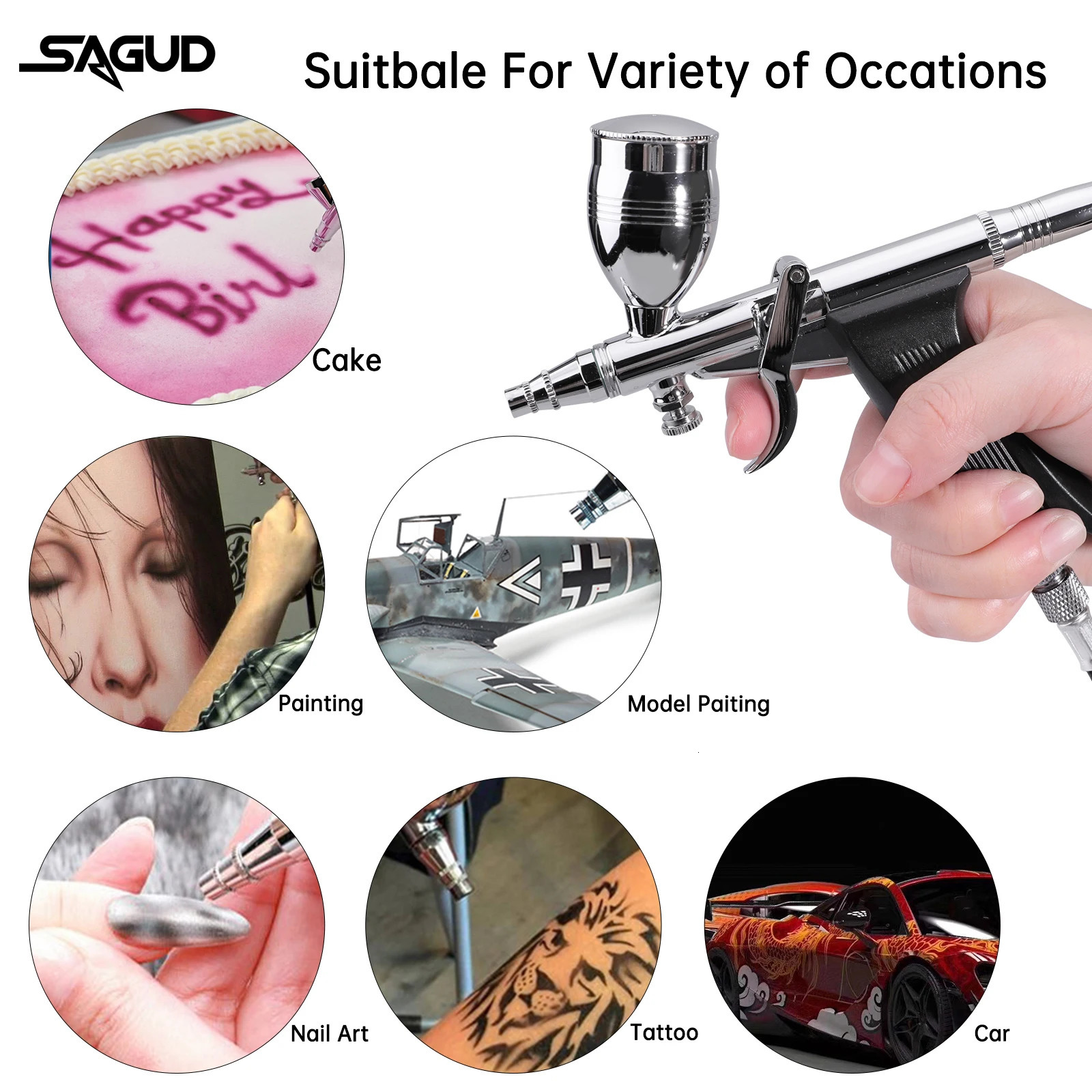SAGUD Professional Airbrush Kit 0.3/0.5/0.8mm Nozzle Needle Accessories Suitable for Nail Art Tattoo Car Model Spray Painting 240627