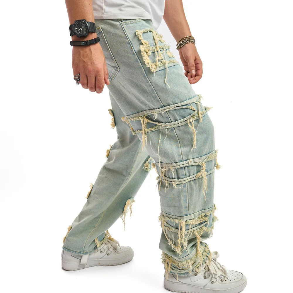 Retro Style Men Ripped Patch Splicing Motorcycle Loose Jeans Pants Male Solid Stylish Casual Straight Biker Denim Trousers 240619