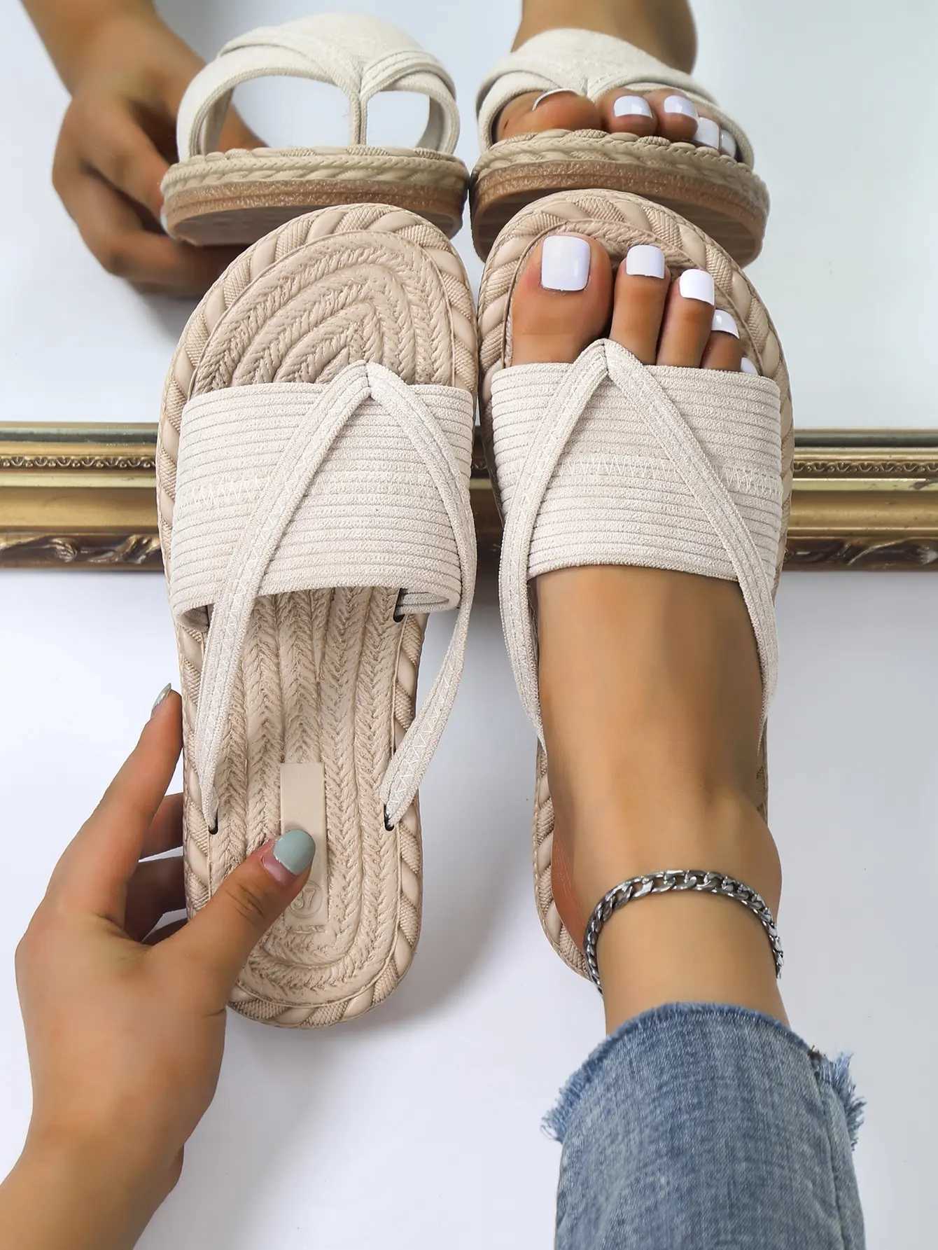 Slippers Vacation Apricot For Women Minimalist Corduroy Toe Post Design Thong Sandals Senior designer summer outdoor casual slippersL464L464