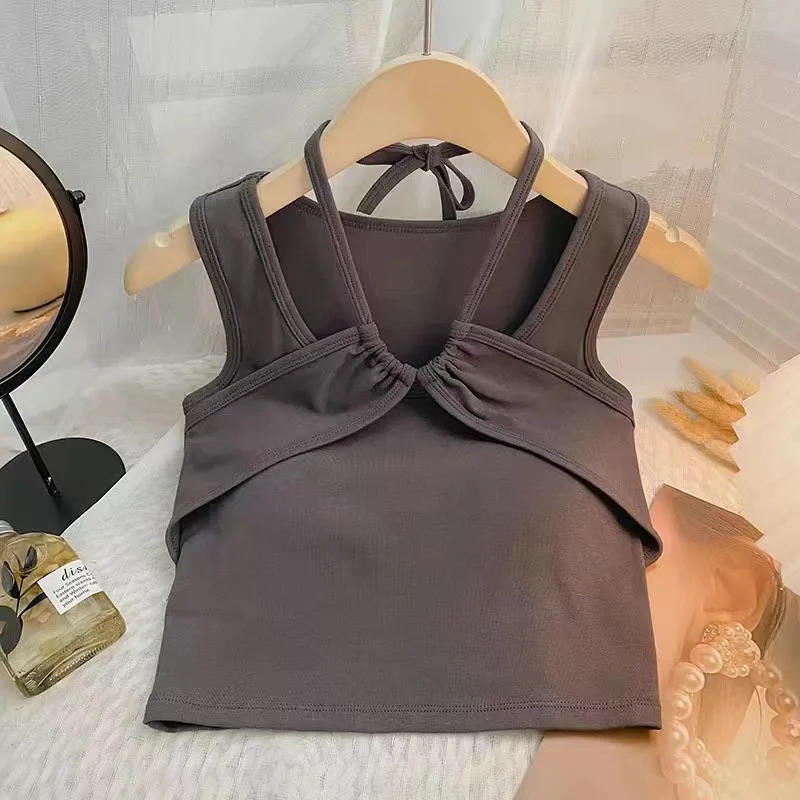 teenage girls halter tank top hanging neck camisole crop top vest kids clothes underwear pleated streetwear 3 to 16 yrs 240627