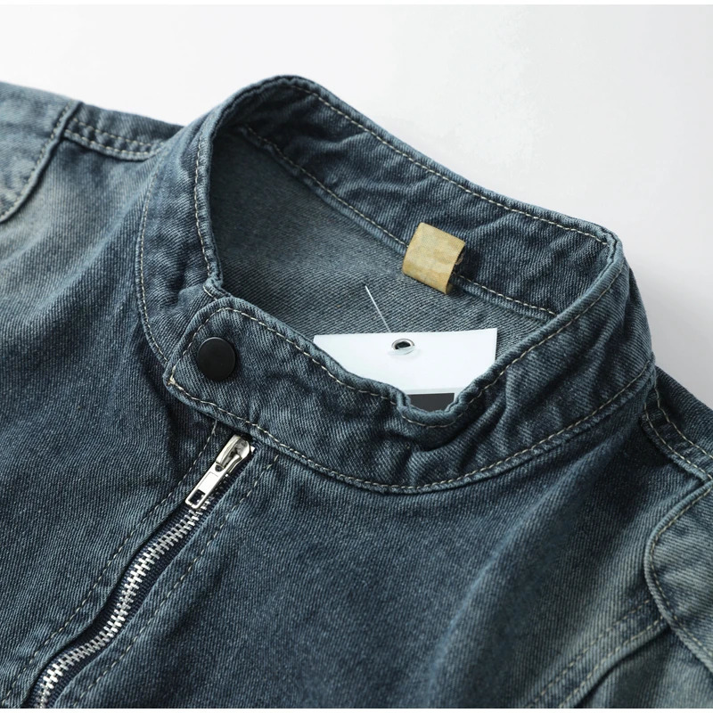 American Jeans Jacket Men Oneck Oversized Vintage Moto Denim Casual Men Outwear Autumn Patchwork Zipper High Street Male Coat 240618