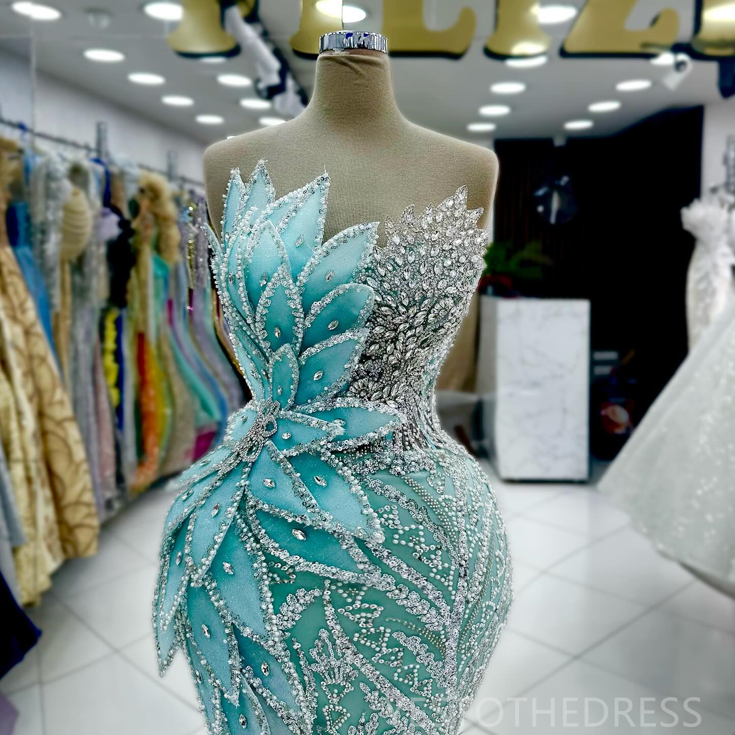 2024 Mint Mermaid Prom Dress Illusion Promdress Evening Formal Gowns for Special Occasion Beaded Rhinestones Lace Leaf Birthday Dress Second Reception