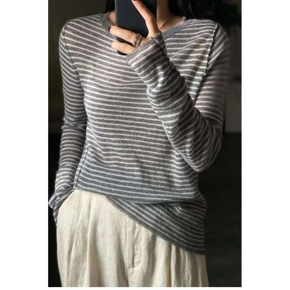 European goods 100% pure wool female spring autumn thin crewneck striped knit cashmere sweaterF6.28#50