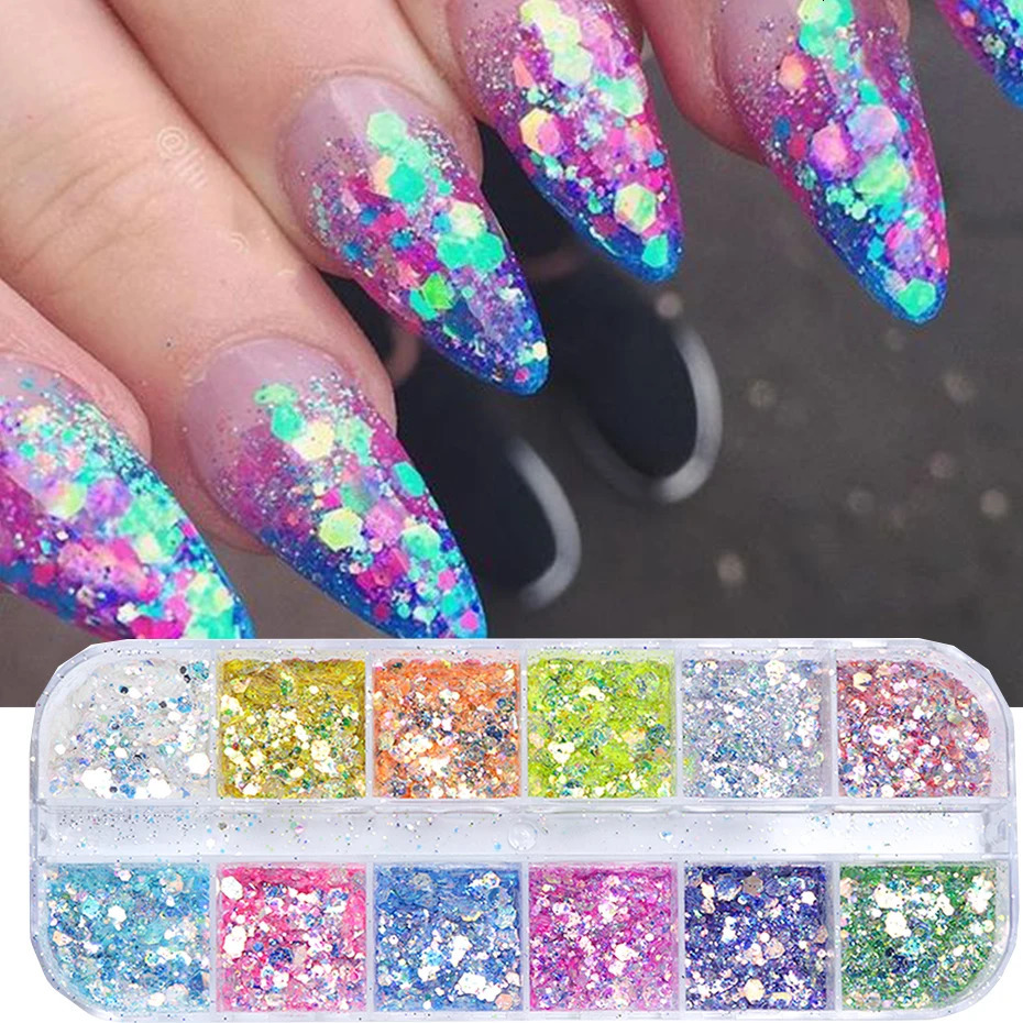 Mirror Iridescent Mixed Hexagon Nail Glitter Sequins Holographic Spangles Flakes Nail Art Powder Gel Polish Manicure Accessories 240627
