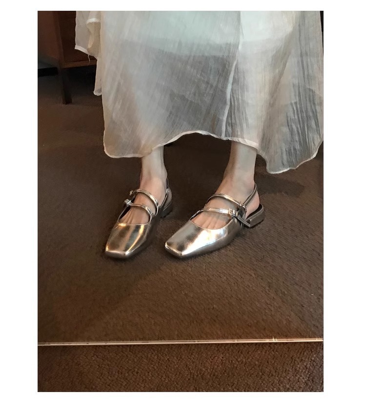 French Low-Heeled Sier Mary Jane Shoes Square Toe Block Heel Sandals Women's Empty Back Sliver