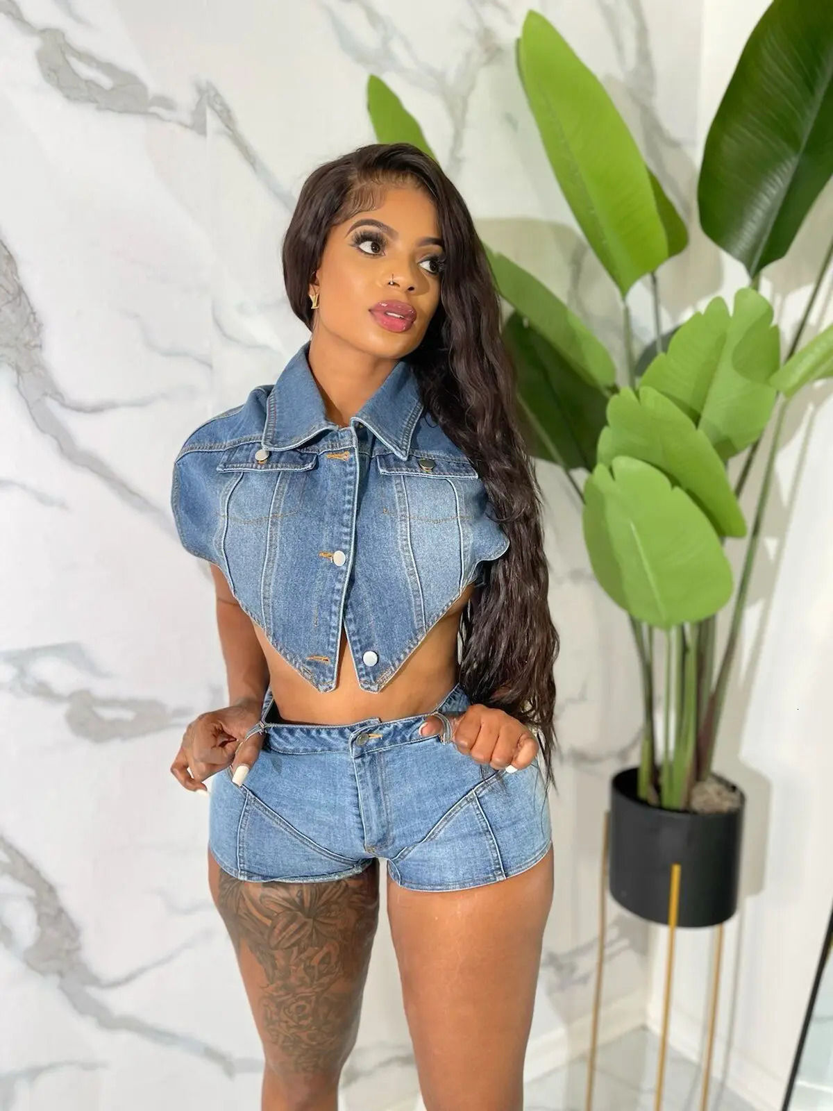 High Street Jeans Short Pants Outfit Set Sexy Women Elegant Two Pieces Denim Club Matching TopShorts 240627