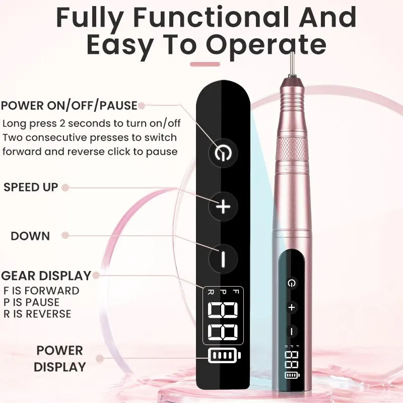 35000RPM Nail Drill Professional Rechargeable Cordless Electric File Portable LED Screen Kit 240627
