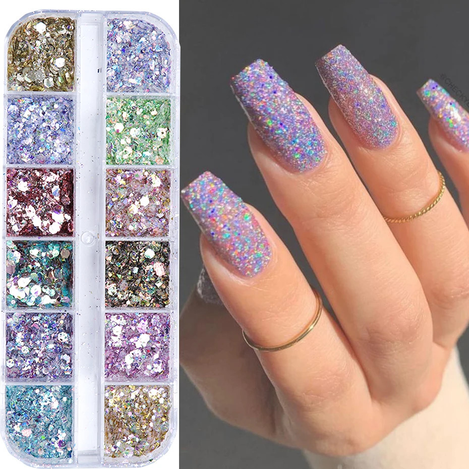 Mirror Iridescent Mixed Hexagon Nail Glitter Sequins Holographic Spangles Flakes Nail Art Powder Gel Polish Manicure Accessories 240627