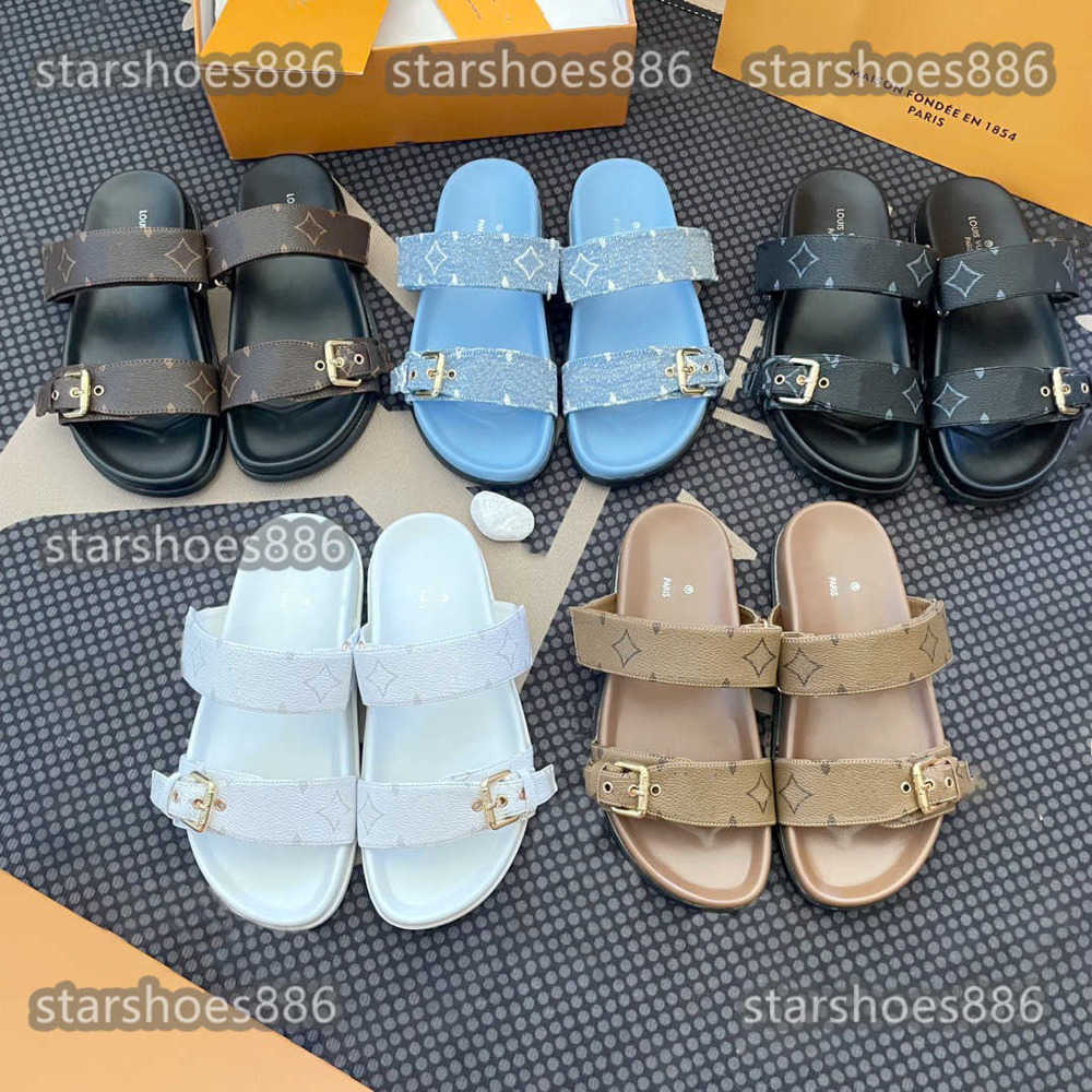 Women mens Designer sliders bom dia flat Mule COMFORT Sandal Luxury Slipper Leather shoe Floral denim Slide brown Summer Rubber Beach Shoes Loafer travel sandale04