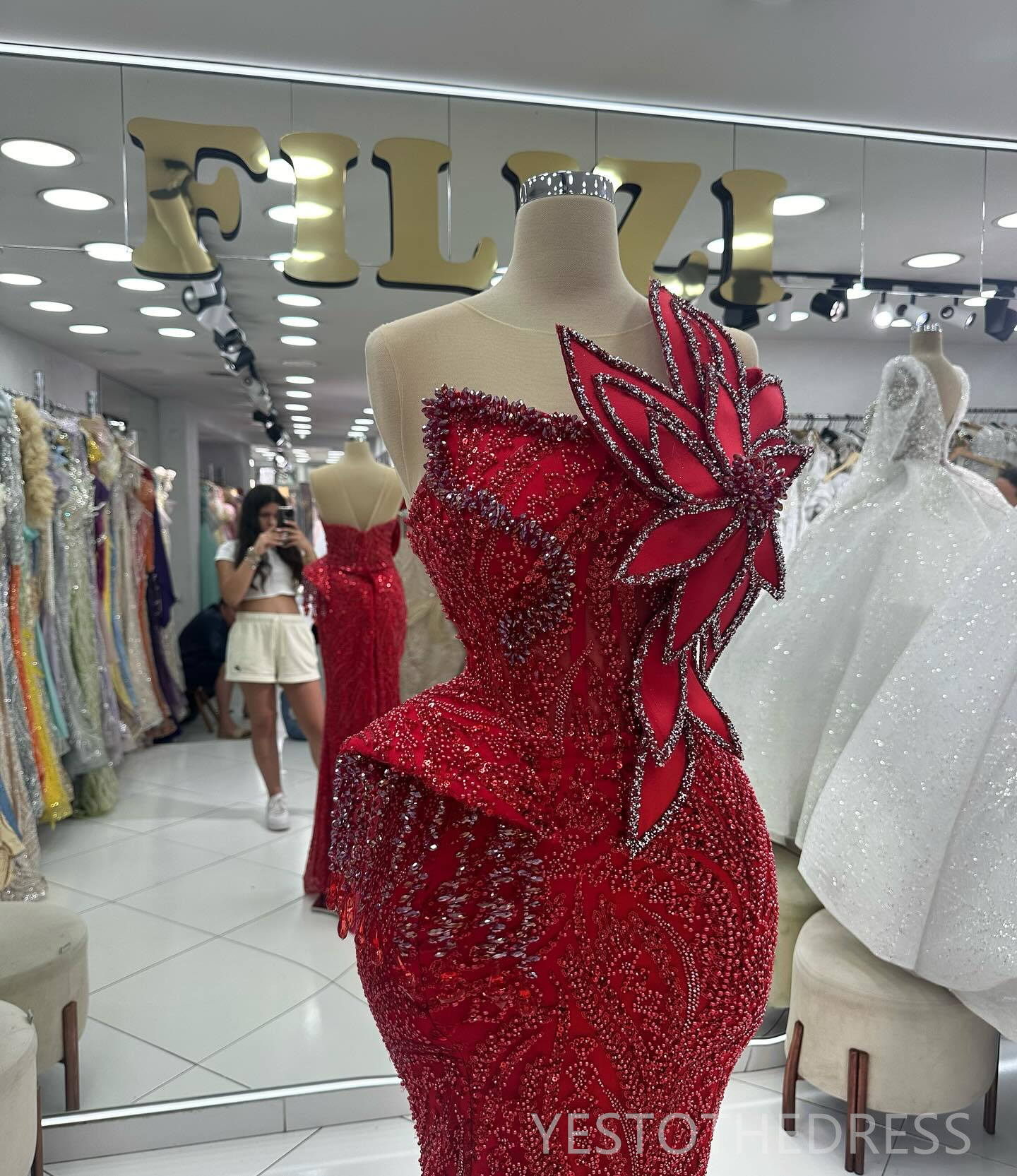 2024 Red Mermaid Prom Dress Illusion Promdress Evening Formal Gowns for Special Occasion Beaded Rhinestones Lace Birthday Dress Second Reception Gown 