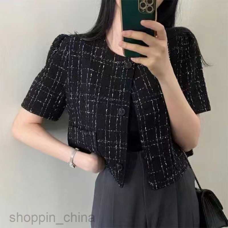 Women Jackets Coats chic small fragrant style round neck single breasted double pocket thick plaid pattern short bubble short sleeved jacket for women