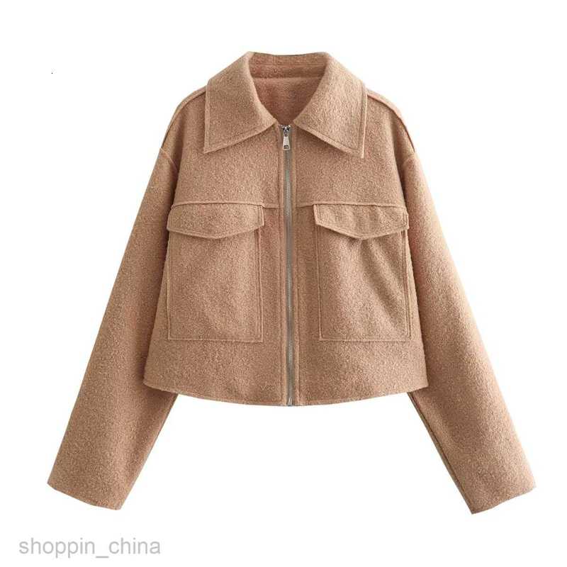 Women Jackets Coats Spring and Autumn New Women's Lapel Large Pocket Zipper Short Long sleeved Woolen Coat B88684