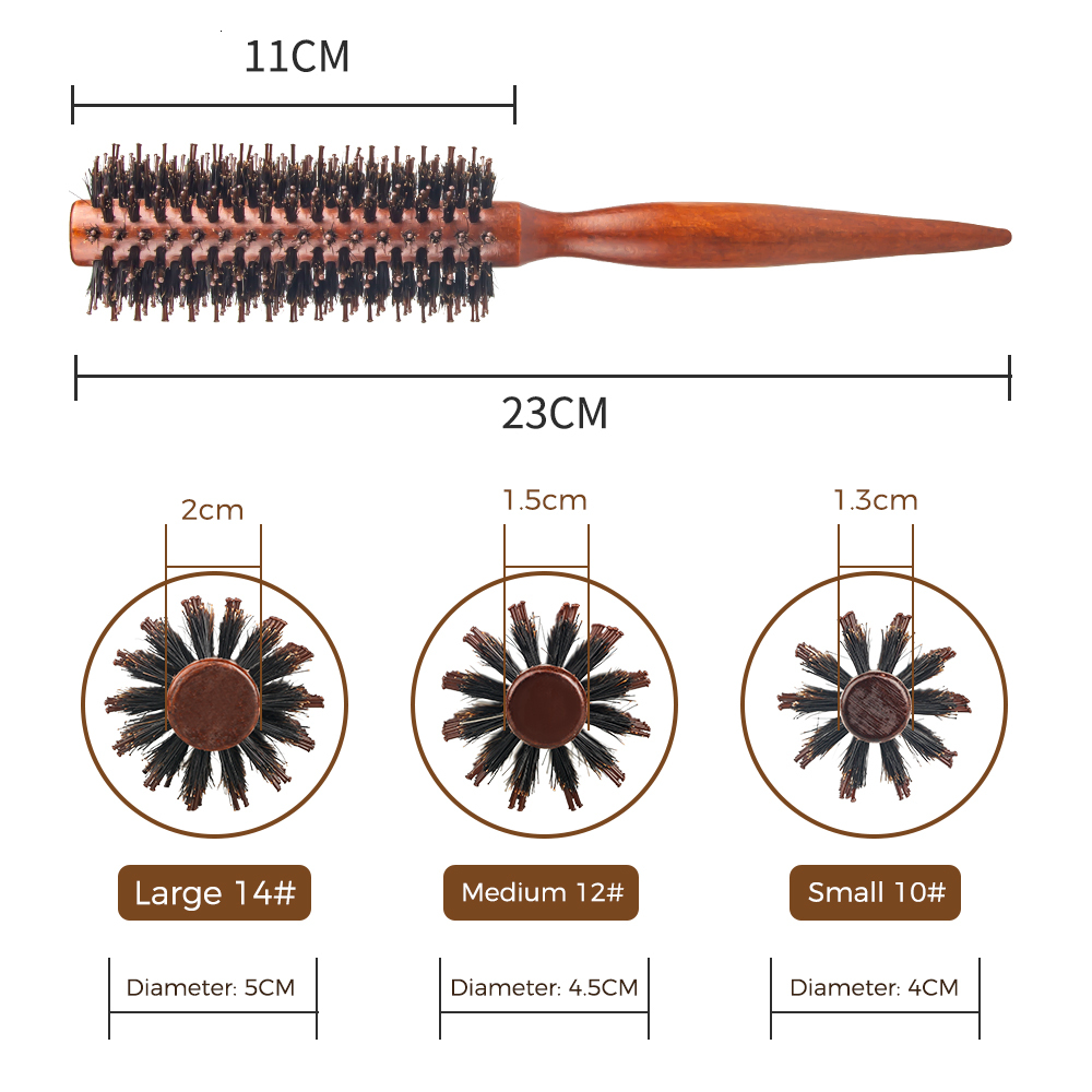 12 Style Wood Handle Rolling Straight Twill Comb Boar Bristle Round Barrel Hair Curling Brush Hairdressing Tool F628-6
